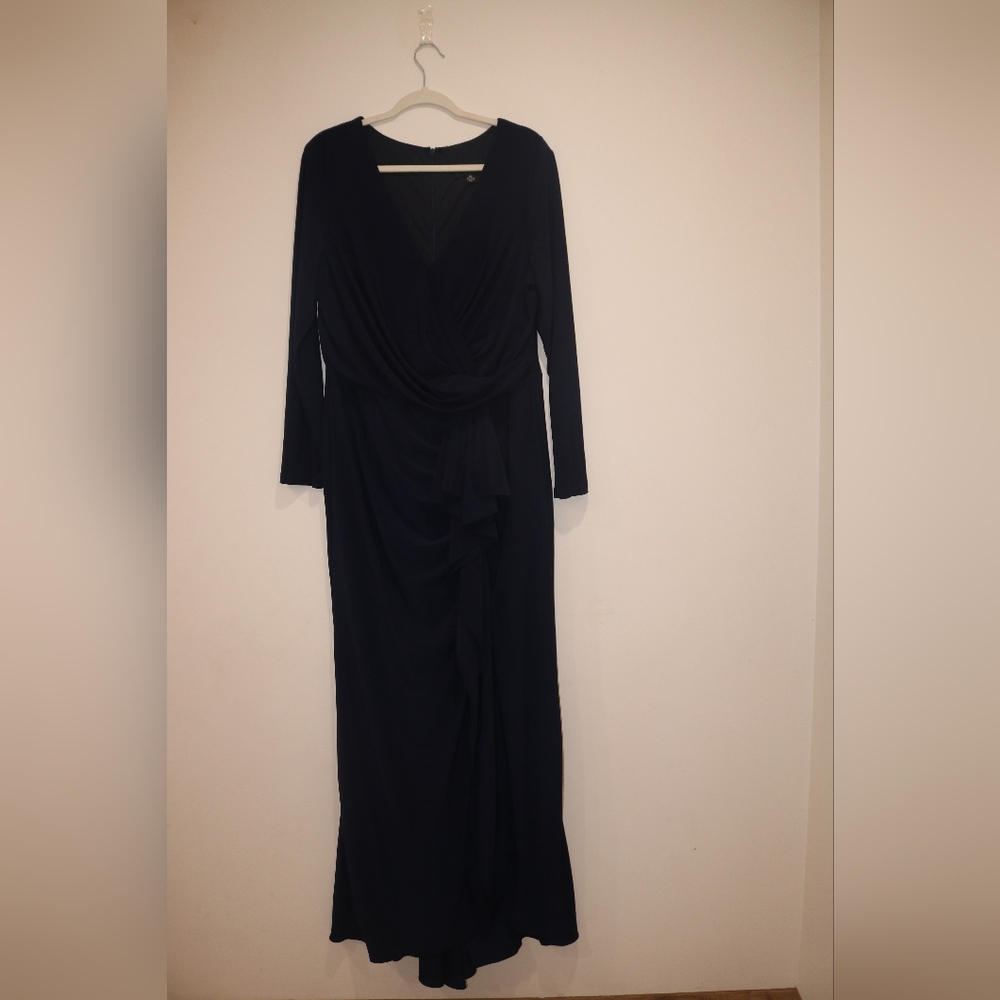 Betsy & Adam Ruffled Side-Slit Gown - Navy Blue - Picture 2 of 8